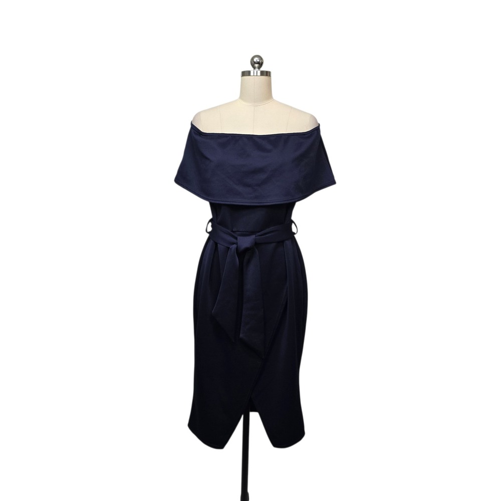Club L London Navy Blue Off The Shoulder Wrap Midi Dress Womens US 16 Plus Size